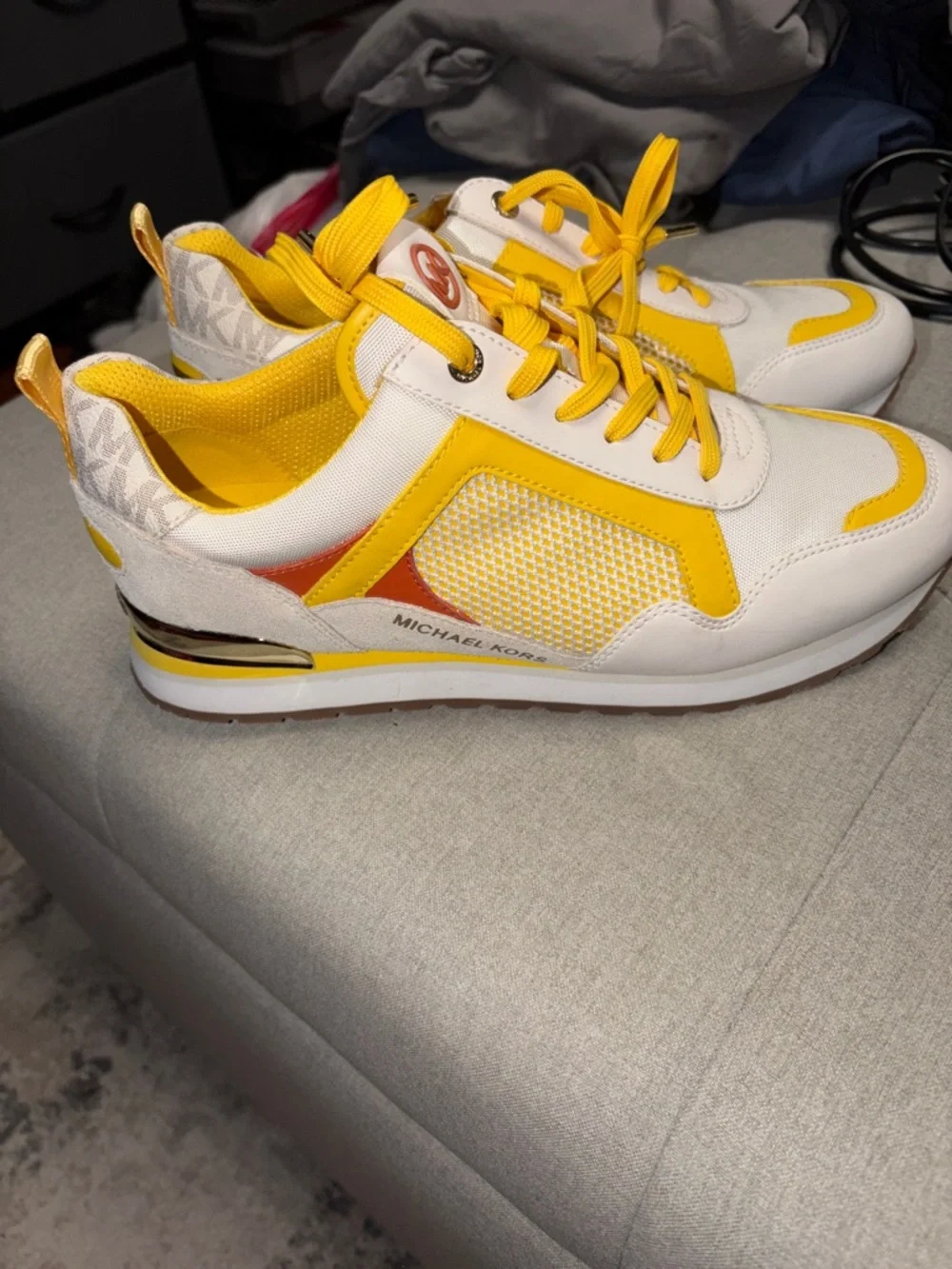 Michael Kors White and Yellow Knit Lace-Up Sneakers - Picture 2 of 4